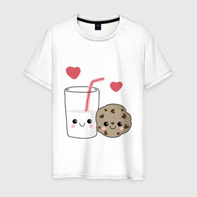 Мужская футболка хлопок с принтом Milk and Cookies Love в Белгороде, 100% хлопок | прямой крой, круглый вырез горловины, длина до линии бедер, слегка спущенное плечо. | coockie | friend | minimalism | дружба | любовь | минимализм | молоко | печенье | печенька | печеньки