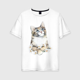 Женская футболка хлопок Oversize с принтом Котенок с ромашками в Белгороде, 100% хлопок | свободный крой, круглый ворот, спущенный рукав, длина до линии бедер
 | арт | животные | звери | картинка | кот | котенок | коты | кошка | рисунок