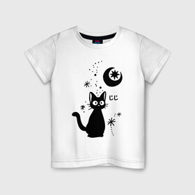 Детская футболка хлопок с принтом Jiji Cat в Белгороде, 100% хлопок | круглый вырез горловины, полуприлегающий силуэт, длина до линии бедер | cat | jiji | kitty | аниме | ведьма | гибли | джиджи | животные | кот | котенок | кошка | миядзаки | мульт | мультфильм | тоторо
