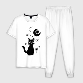 Мужская пижама хлопок с принтом Jiji Cat в Белгороде, 100% хлопок | брюки и футболка прямого кроя, без карманов, на брюках мягкая резинка на поясе и по низу штанин
 | Тематика изображения на принте: cat | jiji | kitty | аниме | ведьма | гибли | джиджи | животные | кот | котенок | кошка | миядзаки | мульт | мультфильм | тоторо