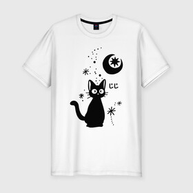 Мужская футболка хлопок Slim с принтом Jiji Cat в Белгороде, 92% хлопок, 8% лайкра | приталенный силуэт, круглый вырез ворота, длина до линии бедра, короткий рукав | cat | jiji | kitty | аниме | ведьма | гибли | джиджи | животные | кот | котенок | кошка | миядзаки | мульт | мультфильм | тоторо