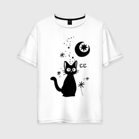 Женская футболка хлопок Oversize с принтом Jiji Cat в Белгороде, 100% хлопок | свободный крой, круглый ворот, спущенный рукав, длина до линии бедер
 | cat | jiji | kitty | аниме | ведьма | гибли | джиджи | животные | кот | котенок | кошка | миядзаки | мульт | мультфильм | тоторо