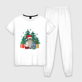 Женская пижама хлопок с принтом New Year Totoro в Белгороде, 100% хлопок | брюки и футболка прямого кроя, без карманов, на брюках мягкая резинка на поясе и по низу штанин | forest | ghibli | japan | miyazaki | nature | neigbor | neighbour | new | totoro | анимация | аниме | гибли | друг | животные | лес | любовь | милый | мир | миядзаки | мульт | мультфильм | новый год | приключения | природа | сказка | сосед 