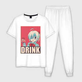 Мужская пижама хлопок с принтом DRINK в Белгороде, 100% хлопок | брюки и футболка прямого кроя, без карманов, на брюках мягкая резинка на поясе и по низу штанин
 | anime | chuunibyou | cute | demo | drink | eye | ga | girl | hope | kawai | kawaii | koi | manga | rikka | takanashi | wicked | аниме | бант | гл | глаз | грешный | девочка | злой | любви | манга | на | надпись | не | пить | плакат | п