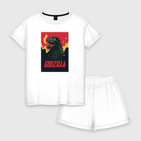 Женская пижама с шортиками хлопок с принтом Godzilla в Белгороде, 100% хлопок | футболка прямого кроя, шорты свободные с широкой мягкой резинкой | godzilla | годзила | годзилла