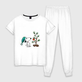 Женская пижама хлопок с принтом Снупи и ёлка в Белгороде, 100% хлопок | брюки и футболка прямого кроя, без карманов, на брюках мягкая резинка на поясе и по низу штанин | 