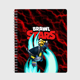 Тетрадь с принтом BRAWL STARS MECHA CROW в Белгороде, 100% бумага | 48 листов, плотность листов — 60 г/м2, плотность картонной обложки — 250 г/м2. Листы скреплены сбоку удобной пружинной спиралью. Уголки страниц и обложки скругленные. Цвет линий — светло-серый
 | Тематика изображения на принте: 8 bit | brawl stars | coach mike | crow | leon shark | leon unicorn | max | mr.p | sally leon | sandy | shark | sprout | werewolf leon | берли | бравл старс | ворон | макс | оборотень | спроут | сэнди