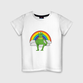 Детская футболка хлопок с принтом Лягушонок Кермит в Белгороде, 100% хлопок | круглый вырез горловины, полуприлегающий силуэт, длина до линии бедер | Тематика изображения на принте: rainbow | герой | животные | зелёный | кермит | лягушка | мультик | мультфильм | персонаж | радуга | улица сезам | цветной