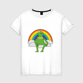 Женская футболка хлопок с принтом Лягушонок Кермит в Белгороде, 100% хлопок | прямой крой, круглый вырез горловины, длина до линии бедер, слегка спущенное плечо | rainbow | герой | животные | зелёный | кермит | лягушка | мультик | мультфильм | персонаж | радуга | улица сезам | цветной