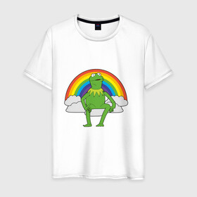 Мужская футболка хлопок с принтом Лягушонок Кермит в Белгороде, 100% хлопок | прямой крой, круглый вырез горловины, длина до линии бедер, слегка спущенное плечо. | Тематика изображения на принте: rainbow | герой | животные | зелёный | кермит | лягушка | мультик | мультфильм | персонаж | радуга | улица сезам | цветной