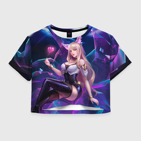 Женская футболка Crop-top 3D с принтом KDA League of legends в Белгороде, 100% полиэстер | круглая горловина, длина футболки до линии талии, рукава с отворотами | art | dota | dota 2 | fan | game | hero | league | league of legends | legends | lol | moba | mobile legend | riot game | герои | детские | дота | женские | игра | моба | мужские