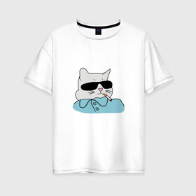 Женская футболка хлопок Oversize с принтом Крутой кот в Белгороде, 100% хлопок | свободный крой, круглый ворот, спущенный рукав, длина до линии бедер
 | mem | арт | животные | картинка | кот в очках | котик | кошка | мем | прикол | рисунок | смешной кот