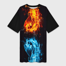 Платье-футболка 3D с принтом Огонь и Вода (противостояние) в Белгороде,  |  | dark | битва | битваогней | бокс | борьба | брызги | вода | волна | дракон | иньянь | искры | крутой | лед | мужчинам | неоновый | огненный | огонь | пламенный | пламя | притяжение | против