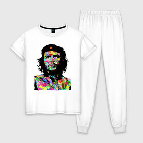 Женская пижама хлопок с принтом Che в Белгороде, 100% хлопок | брюки и футболка прямого кроя, без карманов, на брюках мягкая резинка на поясе и по низу штанин | argentina | che guevara | color | cuba | paint | revolutionary | аргентина | краска | куба | революционер | цвет | че гевара