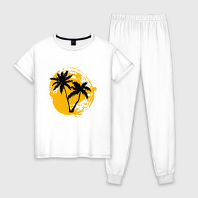 Женская пижама хлопок с принтом Лето близко! в Белгороде, 100% хлопок | брюки и футболка прямого кроя, без карманов, на брюках мягкая резинка на поясе и по низу штанин | Тематика изображения на принте: близко | жара | лето | море | небо | пальмы