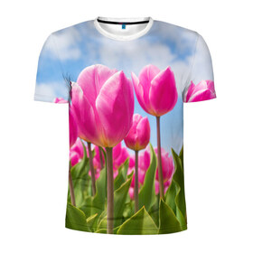 Мужская футболка 3D спортивная с принтом Розовые тюльпаны в Белгороде, 100% полиэстер с улучшенными характеристиками | приталенный силуэт, круглая горловина, широкие плечи, сужается к линии бедра | Тематика изображения на принте: flowers | бутоны | дача | девушке | женщинам | лепестки | летний | лето | листья | любимая | любовь | небесный | небо | нежный | облака | поляна | природа | растения | романтика | сад | синеенебо | солнечный