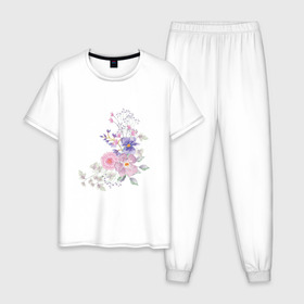 Мужская пижама хлопок с принтом Акварельный цветы в Белгороде, 100% хлопок | брюки и футболка прямого кроя, без карманов, на брюках мягкая резинка на поясе и по низу штанин
 | акварель | арт | зеленый | лето | полевые цветы | рисунок | розовый | синий | фиолетовый | цветы