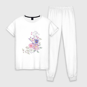 Женская пижама хлопок с принтом Акварельный цветы в Белгороде, 100% хлопок | брюки и футболка прямого кроя, без карманов, на брюках мягкая резинка на поясе и по низу штанин | акварель | арт | зеленый | лето | полевые цветы | рисунок | розовый | синий | фиолетовый | цветы