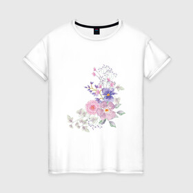 Женская футболка хлопок с принтом Акварельный цветы в Белгороде, 100% хлопок | прямой крой, круглый вырез горловины, длина до линии бедер, слегка спущенное плечо | акварель | арт | зеленый | лето | полевые цветы | рисунок | розовый | синий | фиолетовый | цветы