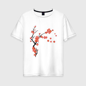 Женская футболка хлопок Oversize с принтом Красная сакура в Белгороде, 100% хлопок | свободный крой, круглый ворот, спущенный рукав, длина до линии бедер
 | весна | ветка | дерево | красный | лето | распустились цветы | сакура | цветет
