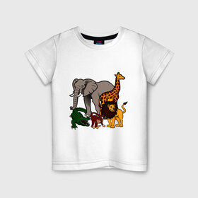 Детская футболка хлопок с принтом Африка в Белгороде, 100% хлопок | круглый вырез горловины, полуприлегающий силуэт, длина до линии бедер | Тематика изображения на принте: африка | детские | животные | жираф | звери | зоопарк | картинки | крокодил | лев | мультфильмы | обезьяна | прикольные | природа | слон