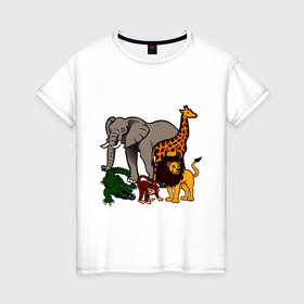 Женская футболка хлопок с принтом Африка в Белгороде, 100% хлопок | прямой крой, круглый вырез горловины, длина до линии бедер, слегка спущенное плечо | африка | детские | животные | жираф | звери | зоопарк | картинки | крокодил | лев | мультфильмы | обезьяна | прикольные | природа | слон