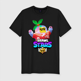 Мужская футболка хлопок Slim с принтом BRAWL STARS TROPICAL SPROUT. в Белгороде, 92% хлопок, 8% лайкра | приталенный силуэт, круглый вырез ворота, длина до линии бедра, короткий рукав | brawl stars | crow | gale | leon | leon shark | max | mr.p | sally leon | shark | sprout | tara | tropical sprout | virus 8 bit | werewolf leon | акула | берли | бравл старс | ворон | макс | оборотень