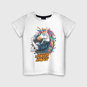 Детская футболка хлопок с принтом Unicorn Rocker в Белгороде, 100% хлопок | круглый вырез горловины, полуприлегающий силуэт, длина до линии бедер | Тематика изображения на принте: art | rock | rocker | unicorn | арт | единорог | животные | картинка | рисунок | рок | рокер
