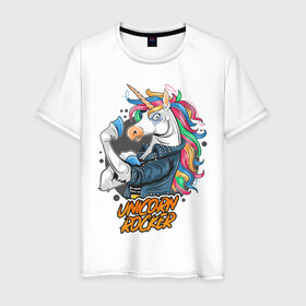 Мужская футболка хлопок с принтом Unicorn Rocker в Белгороде, 100% хлопок | прямой крой, круглый вырез горловины, длина до линии бедер, слегка спущенное плечо. | art | rock | rocker | unicorn | арт | единорог | животные | картинка | рисунок | рок | рокер
