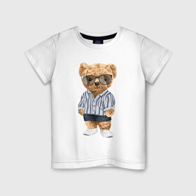 Детская футболка хлопок с принтом Модный плюшевый медведь в Белгороде, 100% хлопок | круглый вырез горловины, полуприлегающий силуэт, длина до линии бедер | Тематика изображения на принте: арт | животные | игрушка | картинка | крутой медведь | медведь | медвежонок | мишка | мода | модный медведь | плюшевый | плюшевый медведь | рисунок