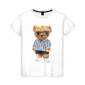 Женская футболка хлопок с принтом Модный плюшевый медведь в Белгороде, 100% хлопок | прямой крой, круглый вырез горловины, длина до линии бедер, слегка спущенное плечо | арт | животные | игрушка | картинка | крутой медведь | медведь | медвежонок | мишка | мода | модный медведь | плюшевый | плюшевый медведь | рисунок