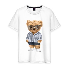 Мужская футболка хлопок с принтом Модный плюшевый медведь в Белгороде, 100% хлопок | прямой крой, круглый вырез горловины, длина до линии бедер, слегка спущенное плечо. | Тематика изображения на принте: арт | животные | игрушка | картинка | крутой медведь | медведь | медвежонок | мишка | мода | модный медведь | плюшевый | плюшевый медведь | рисунок