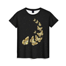 Женская футболка 3D с принтом Golden Butterfly in Space в Белгороде, 100% полиэфир ( синтетическое хлопкоподобное полотно) | прямой крой, круглый вырез горловины, длина до линии бедер | Тематика изображения на принте: black | summer | wings | ангел | бабочка | бабочки | блестки | блестящий | девушке | желтые | животные | звезды | звери | золото | золотые | космос | крылья | летать | летний | лето | мотылек | насекомое | ночные