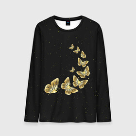 Мужской лонгслив 3D с принтом Golden Butterfly in Space в Белгороде, 100% полиэстер | длинные рукава, круглый вырез горловины, полуприлегающий силуэт | black | summer | wings | ангел | бабочка | бабочки | блестки | блестящий | девушке | желтые | животные | звезды | звери | золото | золотые | космос | крылья | летать | летний | лето | мотылек | насекомое | ночные