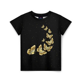 Детская футболка 3D с принтом Golden Butterfly in Space в Белгороде, 100% гипоаллергенный полиэфир | прямой крой, круглый вырез горловины, длина до линии бедер, чуть спущенное плечо, ткань немного тянется | black | summer | wings | ангел | бабочка | бабочки | блестки | блестящий | девушке | желтые | животные | звезды | звери | золото | золотые | космос | крылья | летать | летний | лето | мотылек | насекомое | ночные