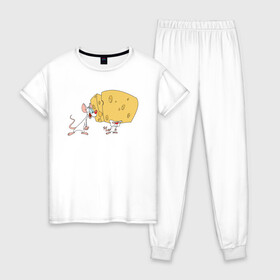 Женская пижама хлопок с принтом Брейн и Пинки Animaniacs в Белгороде, 100% хлопок | брюки и футболка прямого кроя, без карманов, на брюках мягкая резинка на поясе и по низу штанин | animaniacs | vdpartat | белая мышь | брейн | гений | глупая мышь | мозг | озорные анимашки | пинки | сыр