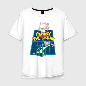 Мужская футболка хлопок Oversize с принтом Брейн и Пинки в Белгороде, 100% хлопок | свободный крой, круглый ворот, “спинка” длиннее передней части | animaniacs | vdpartat | белая мышь | брейн | гений | глупая мышь | озорные анимашки | пинки