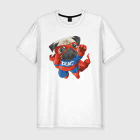 Мужская футболка хлопок Slim с принтом Мопс супергерой в Белгороде, 92% хлопок, 8% лайкра | приталенный силуэт, круглый вырез ворота, длина до линии бедра, короткий рукав | арт | животные | картинка | костюм супергероя | летающий пес | мопс | пес | плащ | рисунок | собака | собачка | супергерой | супермэн