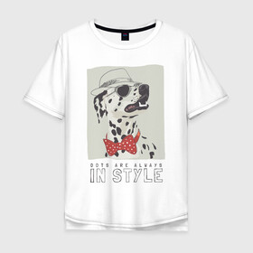 Мужская футболка хлопок Oversize с принтом далматинец на стиле в Белгороде, 100% хлопок | свободный крой, круглый ворот, “спинка” длиннее передней части | арт | бабочка | далматинец | джентльмен | животные | картинка | мода | на моде | очки | пес | рисунок | собака | стиль | стильная собака | шляпа