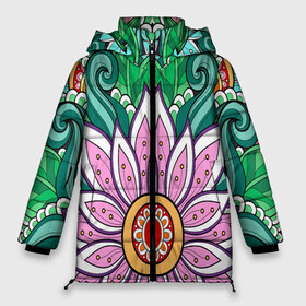 Женская зимняя куртка 3D с принтом Цветок дудлинг линии лето в Белгороде, верх — 100% полиэстер; подкладка — 100% полиэстер; утеплитель — 100% полиэстер | длина ниже бедра, силуэт Оверсайз. Есть воротник-стойка, отстегивающийся капюшон и ветрозащитная планка. 

Боковые карманы с листочкой на кнопках и внутренний карман на молнии | вектор | дудлинг | дудлы | зеркальный | лето | линии | лотос | растения | рисунок | симметрия | узор | цветение | цветок
