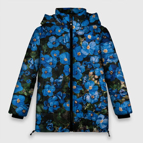 Женская зимняя куртка 3D с принтом Поле синих цветов фиалки лето в Белгороде, верх — 100% полиэстер; подкладка — 100% полиэстер; утеплитель — 100% полиэстер | длина ниже бедра, силуэт Оверсайз. Есть воротник-стойка, отстегивающийся капюшон и ветрозащитная планка. 

Боковые карманы с листочкой на кнопках и внутренний карман на молнии | голубые цветочки | лето | луг | незабудки | поле | поляна | синие цветы | узор из цветов | фиалки | фото реализм | цветы