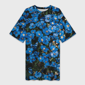 Платье-футболка 3D с принтом Поле синих цветов фиалки лето в Белгороде,  |  | голубые цветочки | лето | луг | незабудки | поле | поляна | синие цветы | узор из цветов | фиалки | фото реализм | цветы