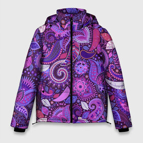 Мужская зимняя куртка 3D с принтом фиолетовый этнический дудлинг в Белгороде, верх — 100% полиэстер; подкладка — 100% полиэстер; утеплитель — 100% полиэстер | длина ниже бедра, свободный силуэт Оверсайз. Есть воротник-стойка, отстегивающийся капюшон и ветрозащитная планка. 

Боковые карманы с листочкой на кнопках и внутренний карман на молнии. | геометрия | дудлинг | дудлы | линии | рисунок | точки | узоры | фигуры | фиолетовый | цветы | этнический