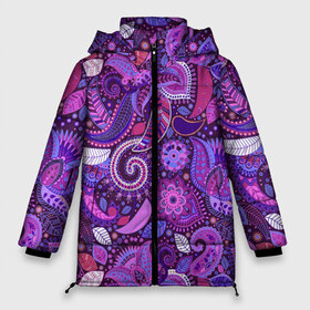 Женская зимняя куртка 3D с принтом фиолетовый этнический дудлинг в Белгороде, верх — 100% полиэстер; подкладка — 100% полиэстер; утеплитель — 100% полиэстер | длина ниже бедра, силуэт Оверсайз. Есть воротник-стойка, отстегивающийся капюшон и ветрозащитная планка. 

Боковые карманы с листочкой на кнопках и внутренний карман на молнии | геометрия | дудлинг | дудлы | линии | рисунок | точки | узоры | фигуры | фиолетовый | цветы | этнический