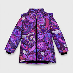 Зимняя куртка для девочек 3D с принтом фиолетовый этнический дудлинг в Белгороде, ткань верха — 100% полиэстер; подклад — 100% полиэстер, утеплитель — 100% полиэстер. | длина ниже бедра, удлиненная спинка, воротник стойка и отстегивающийся капюшон. Есть боковые карманы с листочкой на кнопках, утяжки по низу изделия и внутренний карман на молнии. 

Предусмотрены светоотражающий принт на спинке, радужный светоотражающий элемент на пуллере молнии и на резинке для утяжки. | геометрия | дудлинг | дудлы | линии | рисунок | точки | узоры | фигуры | фиолетовый | цветы | этнический