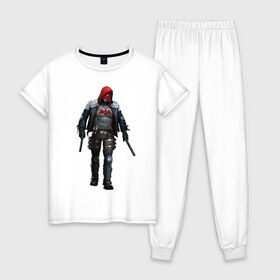 Женская пижама хлопок с принтом Red Hood в Белгороде, 100% хлопок | брюки и футболка прямого кроя, без карманов, на брюках мягкая резинка на поясе и по низу штанин | batman | batman arkham knight | red hood | vdzabma | бэтмен | бэтмен рыцарь аркхема | красный колпак