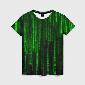 Женская футболка 3D с принтом Матрица код цифры программист в Белгороде, 100% полиэфир ( синтетическое хлопкоподобное полотно) | прямой крой, круглый вырез горловины, длина до линии бедер | бинарный код | веб | вирус | всемирная паутина | двоичный код | зеленый | интернет | информация | кибер | код | кодер | кодирование | матрица | наука | олдскул | по | программирование