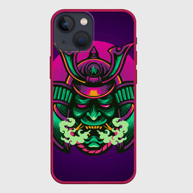 Чехол для iPhone 13 mini с принтом Маска Хання (Ханья) в Белгороде,  |  | воин | доспехи | дым | закат | иероглифы | изумрудная | китай | маска | неон | неоновая | разноцветная | фиолетовая | хання | ханья | япония