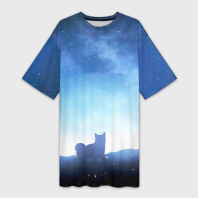 Платье-футболка 3D с принтом силуэт корги ночь космос дымка в Белгороде,  |  | аниме | арт | дымка | звезды | корги | космос | мультик | мультяшно | небо | песик | рассвет | рисунок | силуэт | собака | собачка | фанарт | щенок
