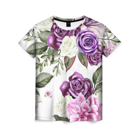 Женская футболка 3D с принтом Красивые розы в Белгороде, 100% полиэфир ( синтетическое хлопкоподобное полотно) | прямой крой, круглый вырез горловины, длина до линии бедер | белые розы | белый | необычные | розовый | розы | синие розы | синий | фиолетовые розы | фиолетовый | цветы